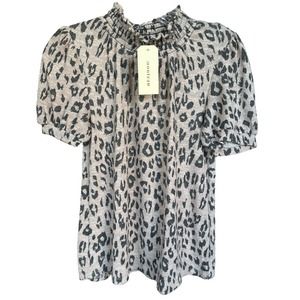 Monteau LA Women's Animal Print Top Blouse Short Puff Sleeve Size S Pink Gray